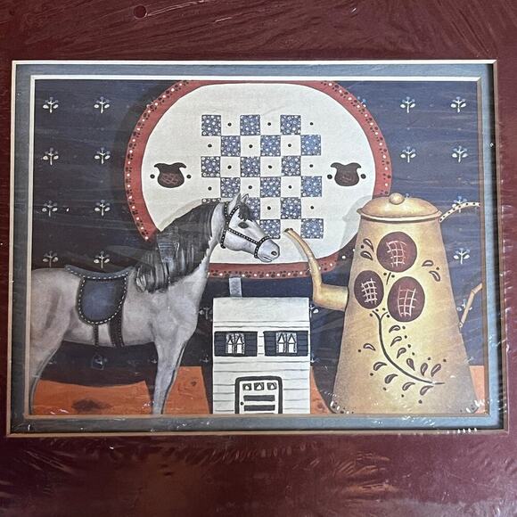 New vintage print horse teapot quilt primitive Country decor. Matted - Picture 1 of 5